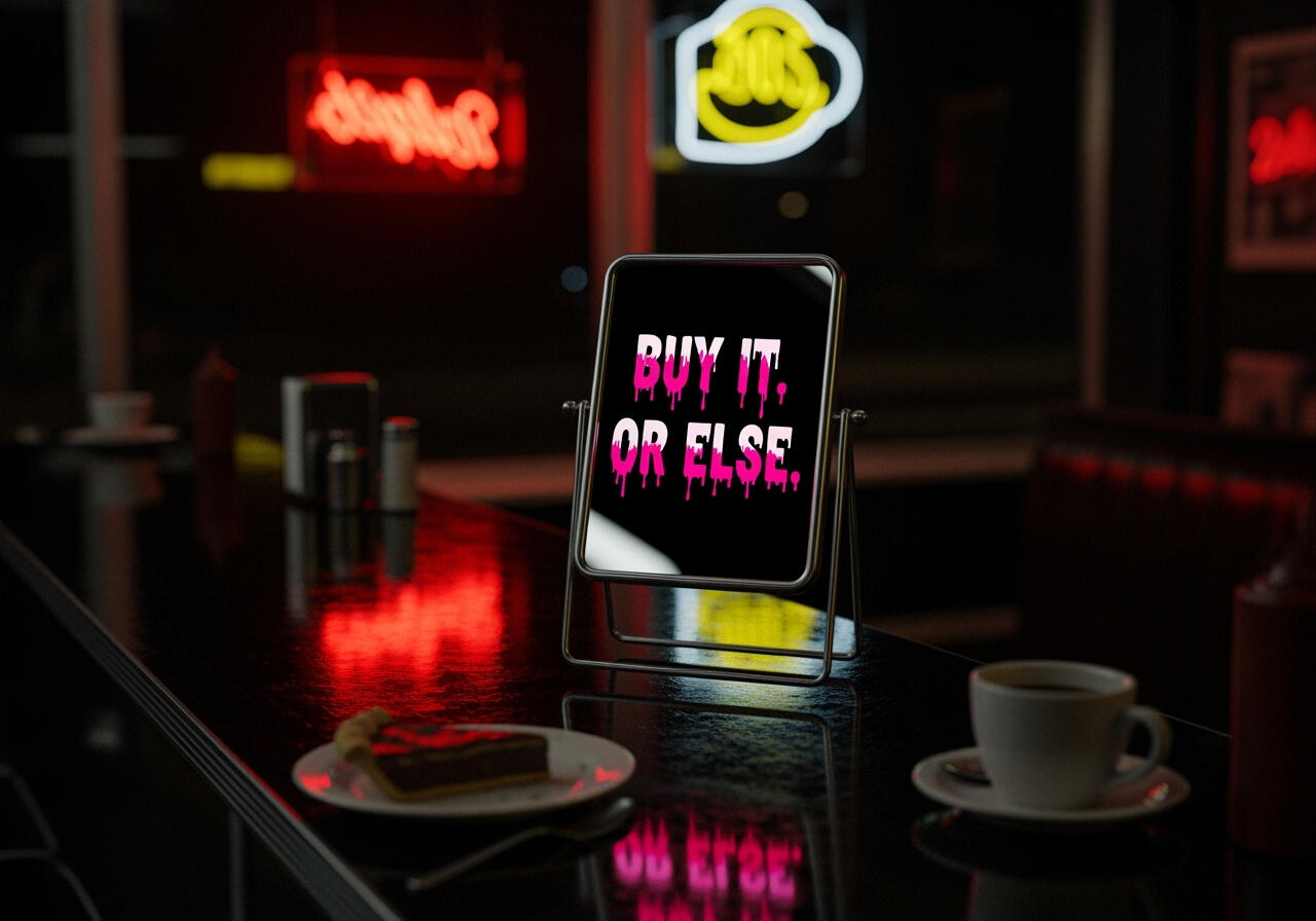 From the Depths of My Dysfunction: Roast Card Storefront Sarcastic roast card marketing image with neon 'Buy It Or Else' sign in moody cafe setting